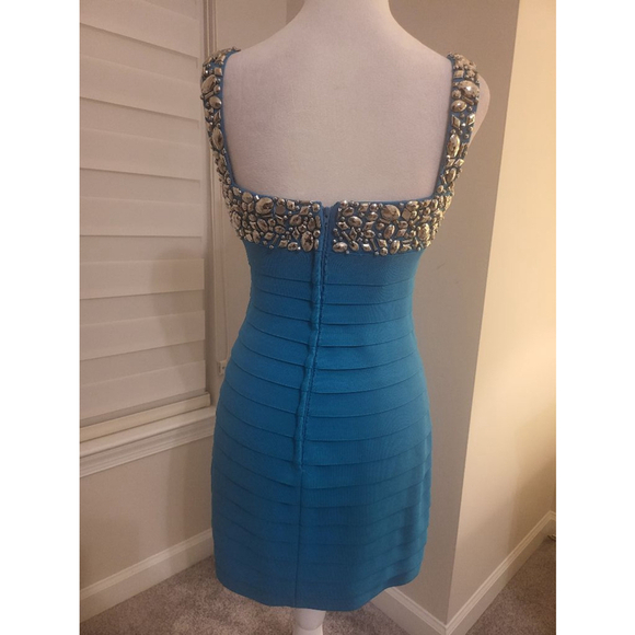 Designer Sherri Hill Embellished Bandage Turquoise Dress Size 4 - Picture 6 of 8
